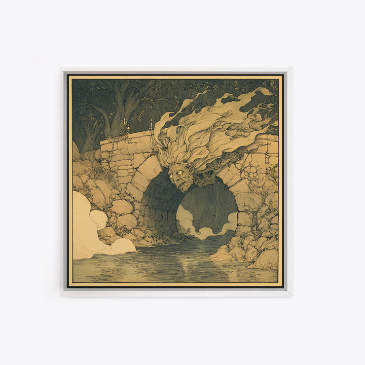 The Bridge Troll At Midnight, Gothic Storybook Art, Square Wall Art, Macabre Wall Art, Framed Canvas Print, Halloween Wall Art
