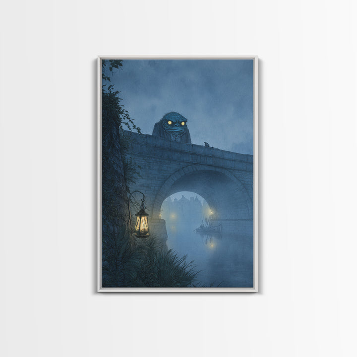 The Bridge Troll At Midnight, Victorian Macabre Art, Vertical Wall Art, Dark Fantasy Wall Art, Framed Canvas Print, Halloween Wall Art