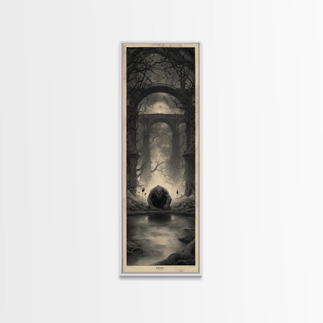 The Bridge Troll At Midnight, Surreal Apocalyptic Art, Tall Narrow Wall Art, Gothic Horror Wall Art, Canvas Print