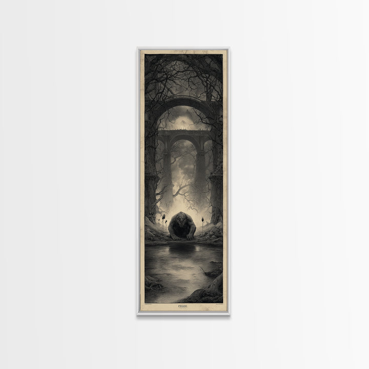 The Bridge Troll At Midnight, Surreal Apocalyptic Art, Tall Narrow Wall Art, Gothic Horror Wall Art, Canvas Print