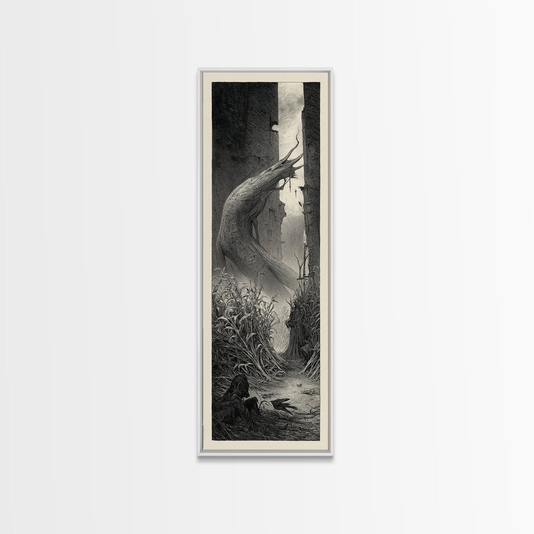The Cornfield Crawler, Gothic Engraving Art, Tall Narrow Wall Art, Dark Halloween Decor, Canvas Print, Halloween Wall Art