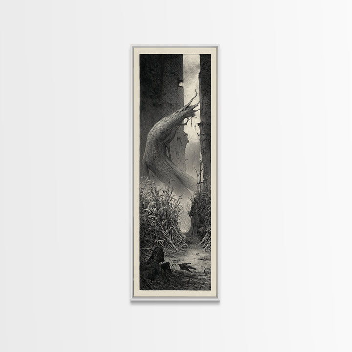 The Cornfield Crawler, Gothic Engraving Art, Tall Narrow Wall Art, Dark Halloween Decor, Canvas Print, Halloween Wall Art