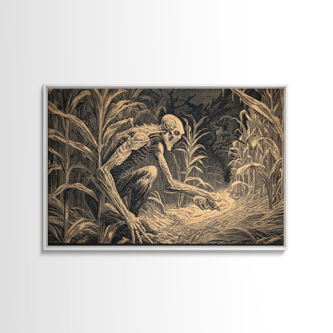The Cornfield Crawler, Architectural Etching Art, Landscape Wall Art, Dark Fantasy Wall Art, Framed Canvas Print