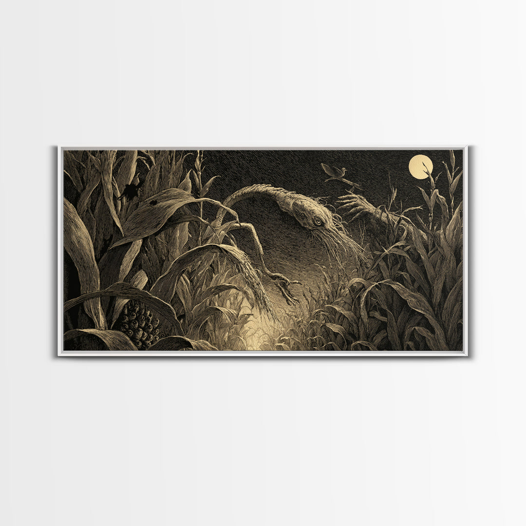 The Cornfield Crawler, Expressionist Nightmare Art, Wide Panoramic Art, Dark Fantasy Wall Art, Canvas Print, Halloween Wall Art