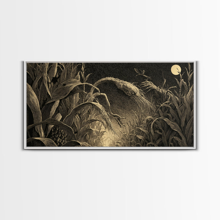 The Cornfield Crawler, Expressionist Nightmare Art, Wide Panoramic Art, Dark Fantasy Wall Art, Canvas Print, Halloween Wall Art