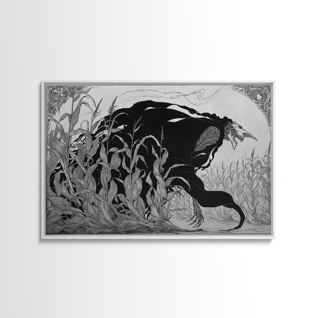 The Cornfield Crawler, Decadent Line Art, Landscape Wall Art, Dark Halloween Decor, Canvas Print, Halloween Wall Art