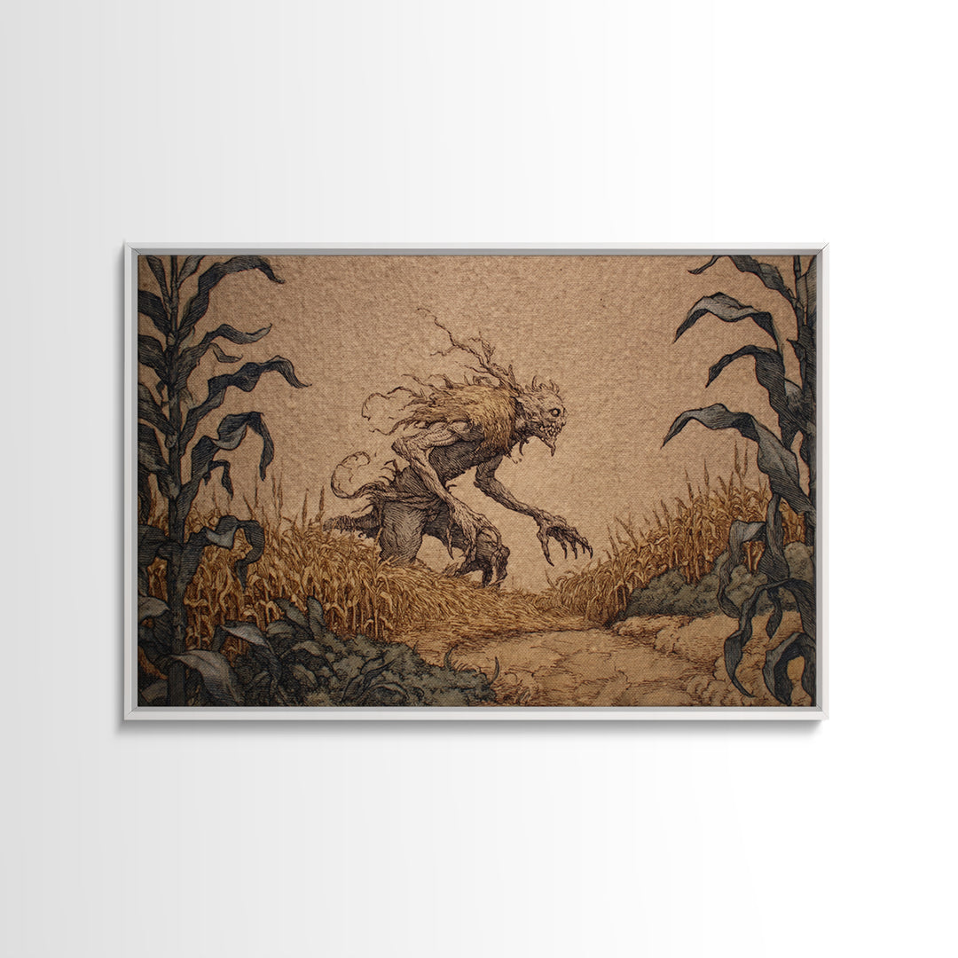 The Cornfield Crawler, Gothic Storybook Art, Landscape Wall Art, Dark Halloween Decor, Canvas Print, Halloween Wall Art
