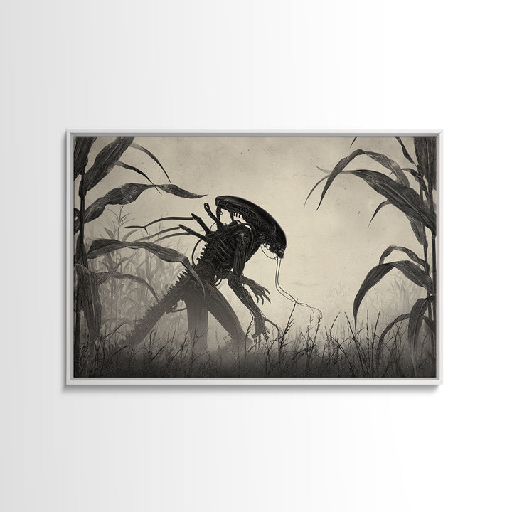 The Cornfield Crawler, Biomechanical Horror Art, Landscape Wall Art, Macabre Wall Art, Canvas Print, Halloween Wall Art, Spooky Wall Decor