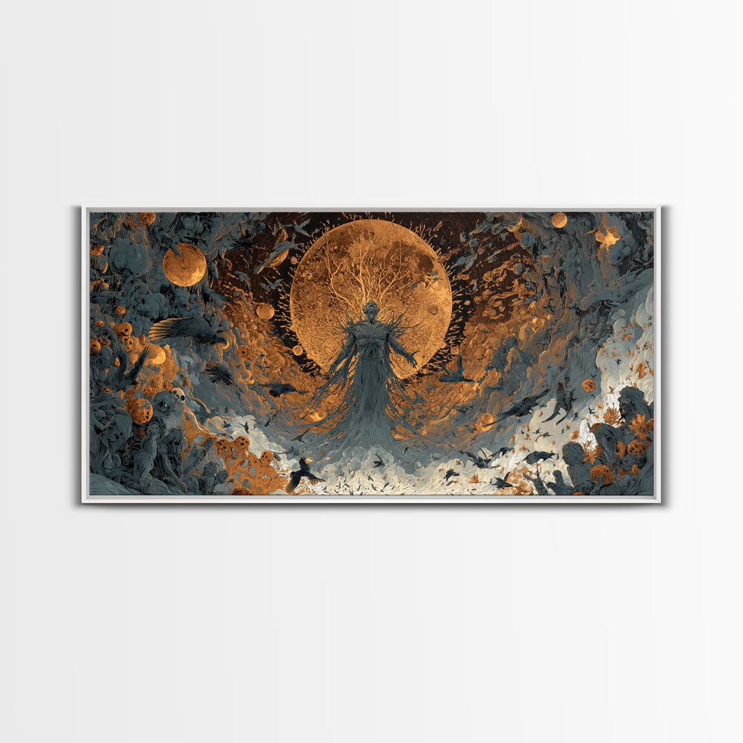 The Harvest Demon, Apocalyptic Romantic Art, Wide Panoramic Art, Macabre Wall Art, Framed Canvas Print, Halloween Wall Art