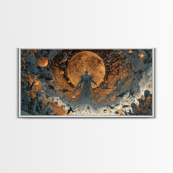 The Harvest Demon, Apocalyptic Romantic Art, Wide Panoramic Art, Macabre Wall Art, Framed Canvas Print, Halloween Wall Art