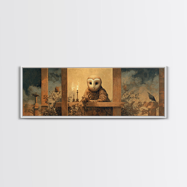 The Owl-Faced Omen, Medieval Grotesque Art, Extra Wide Wall Art, Dark Halloween Decor, Canvas Print, Halloween Wall Art