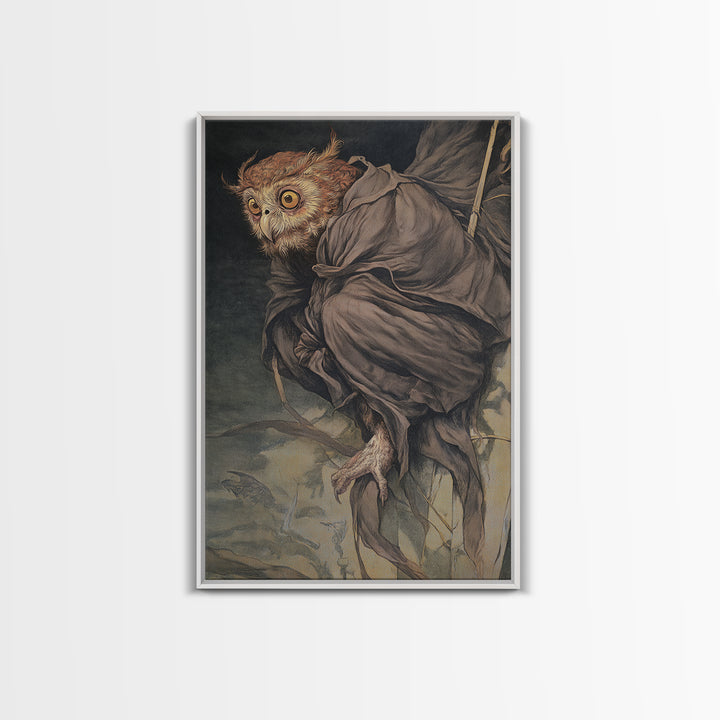 The Owl-Faced Omen, Dark Renaissance Art, Vertical Wall Art, Dark Halloween Decor, Framed Canvas Print, Halloween Wall Art