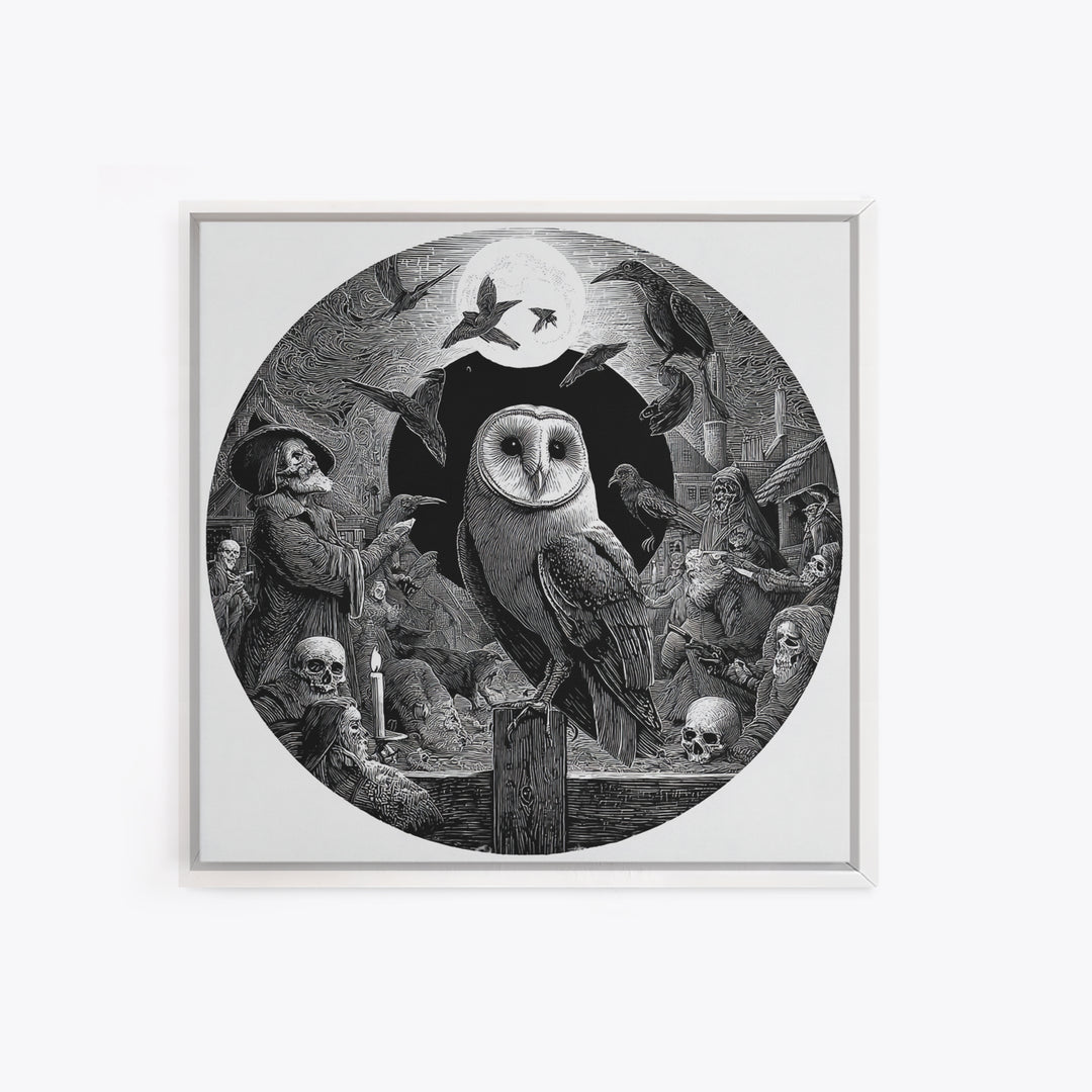 The Owl-Faced Omen, Danse Macabre Art, Square Wall Art, Macabre Wall Art, Framed Canvas Print, Halloween Wall Art