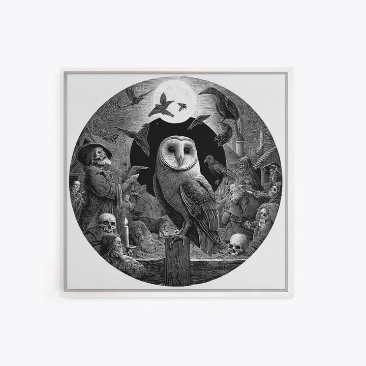 The Owl-Faced Omen, Danse Macabre Art, Square Wall Art, Macabre Wall Art, Framed Canvas Print, Halloween Wall Art