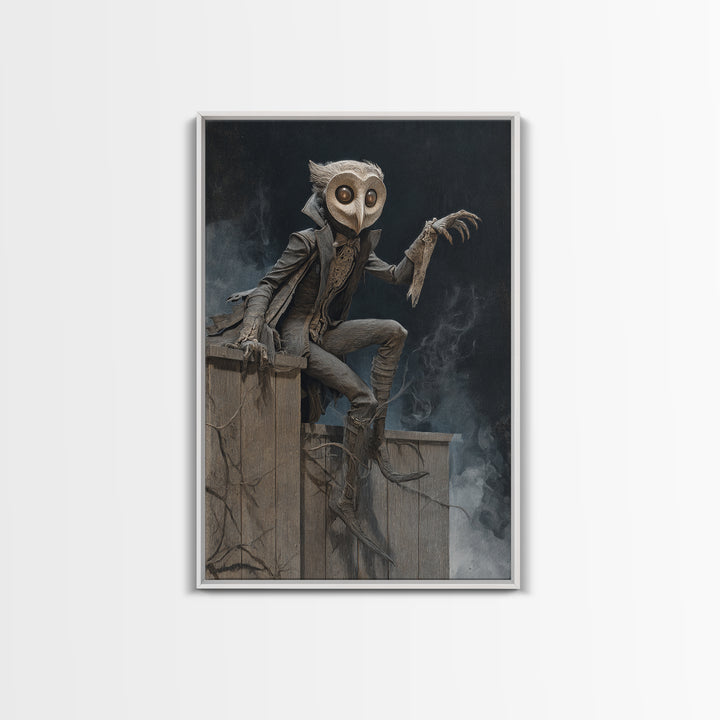 The Owl-Faced Omen, Gothic Nightmare Art, Vertical Wall Art, Dark Halloween Decor, Framed Canvas Print, Halloween Wall Art