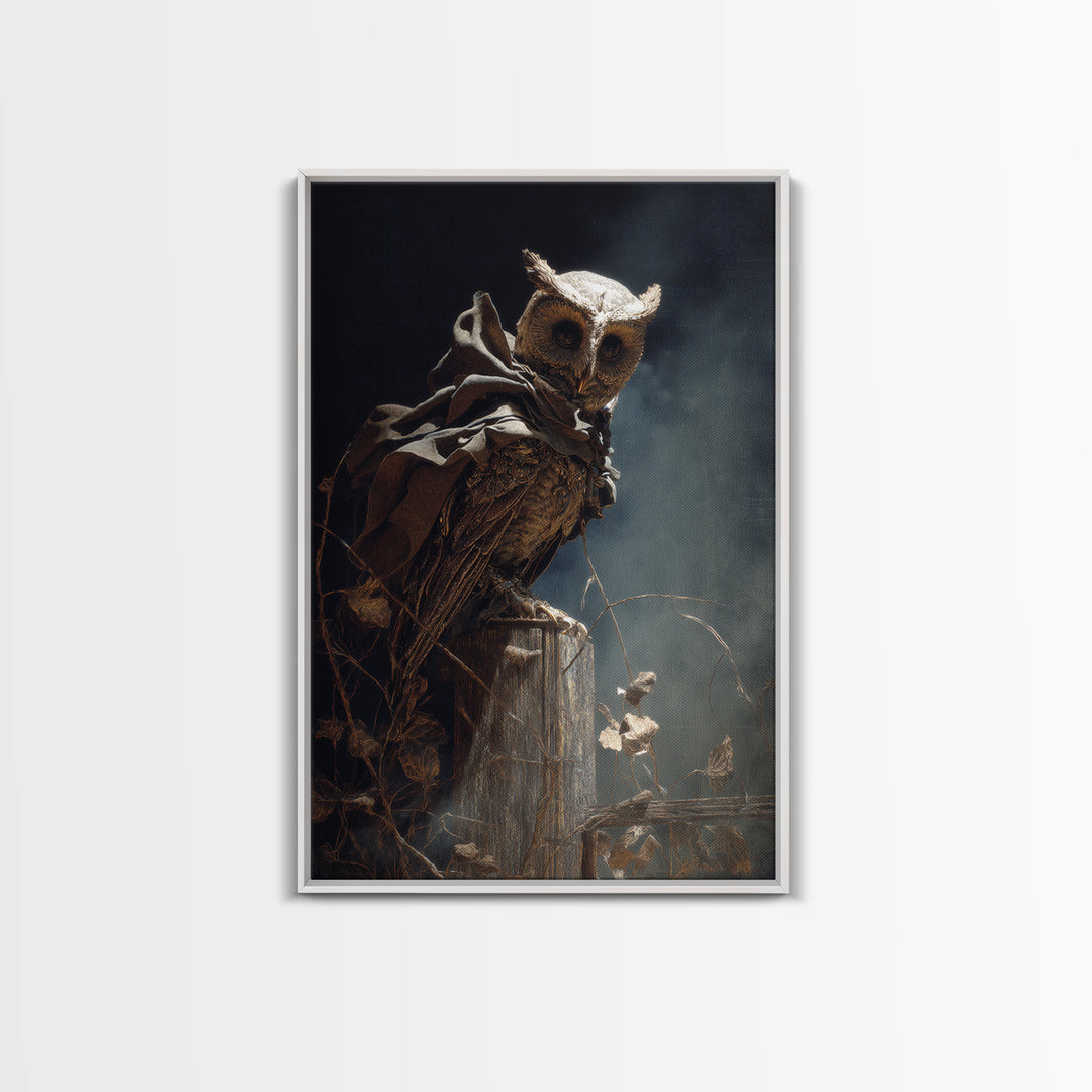 The Owl-Faced Omen, Ornate Symbolist Art, Vertical Wall Art, Macabre Wall Art, Canvas Print, Halloween Wall Art, Horror Wall Art