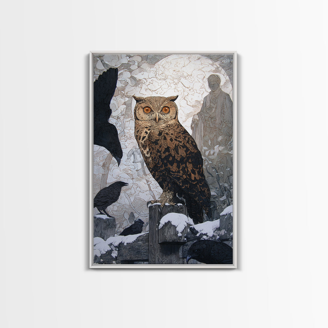 The Owl-Faced Omen, Symbolist Death Art, Vertical Wall Art, Dark Halloween Decor, Canvas Print, Halloween Wall Art