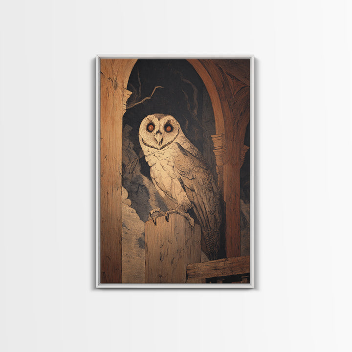 The Owl-Faced Omen, Symbolist Etching Art, Vertical Wall Art, Gothic Horror Wall Art, Canvas Print, Halloween Wall Art, Gothic Home Decor