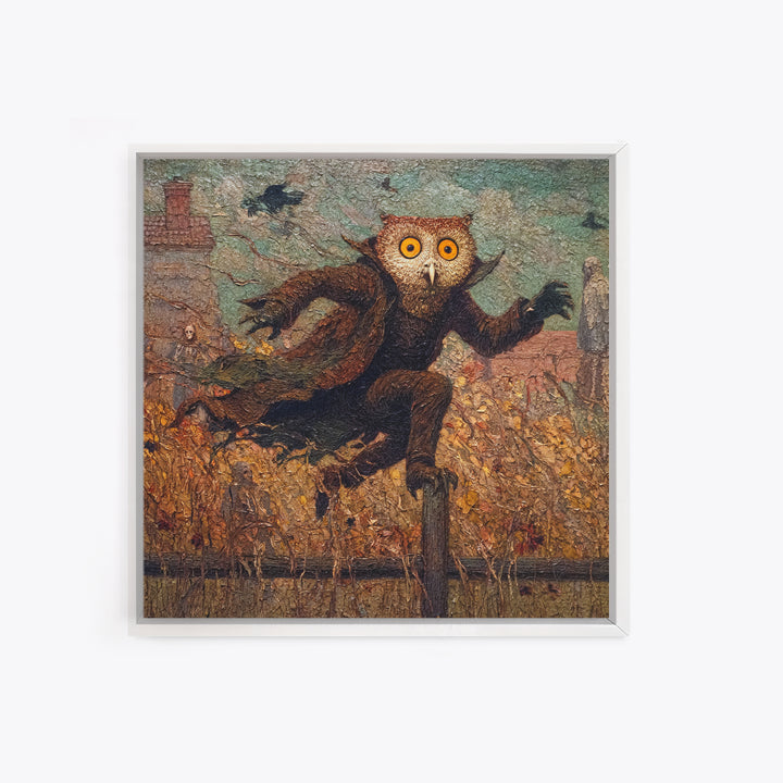 The Owl-Faced Omen, Grotesque Carnival Art, Square Wall Art, Macabre Wall Art, Framed Canvas Print, Halloween Wall Art, Spooky Wall Decor
