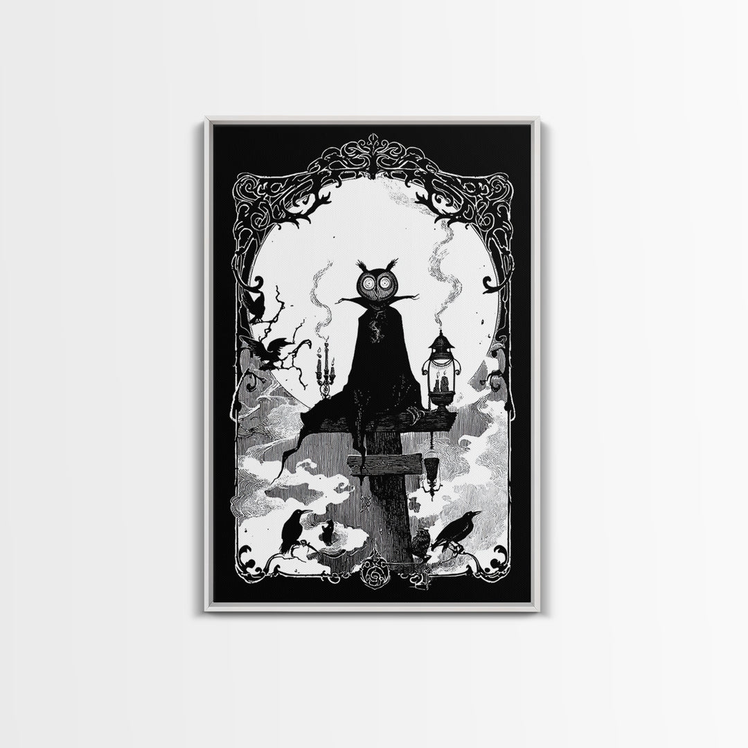 The Owl-Faced Omen, Decadent Line Art, Vertical Wall Art, Gothic Horror Wall Art, Canvas Print, Halloween Wall Art