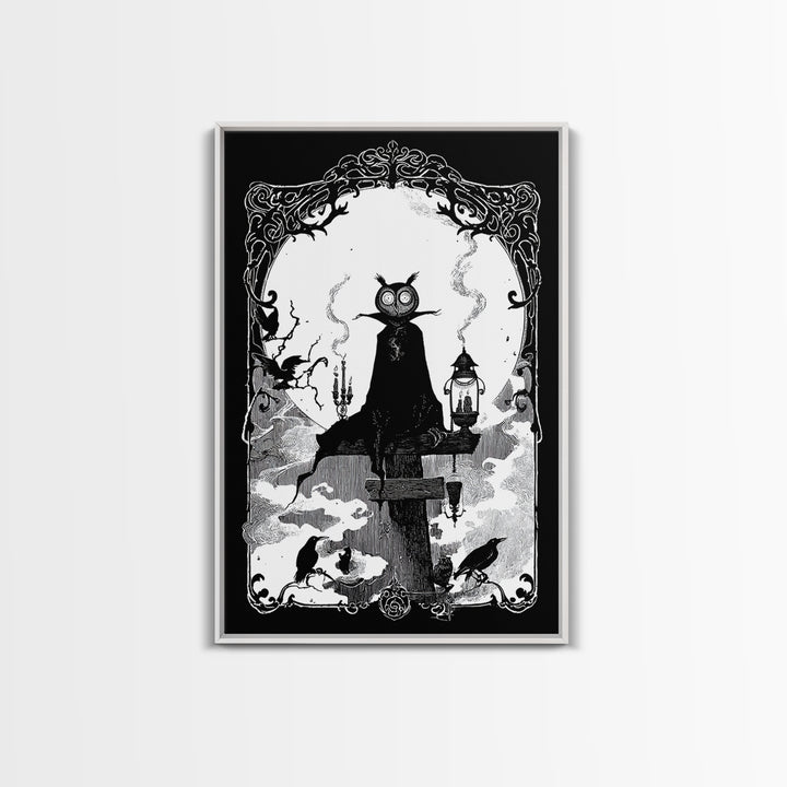 The Owl-Faced Omen, Decadent Line Art, Vertical Wall Art, Gothic Horror Wall Art, Canvas Print, Halloween Wall Art