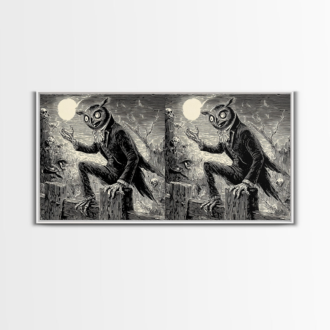 The Owl-Faced Omen, Macabre Folk Print Art, Wide Panoramic Art, Gothic Horror Wall Art, Canvas Print, Halloween Wall Art