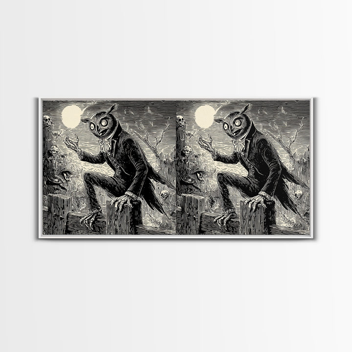 The Owl-Faced Omen, Macabre Folk Print Art, Wide Panoramic Art, Gothic Horror Wall Art, Canvas Print, Halloween Wall Art