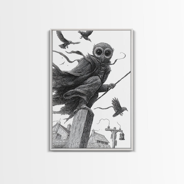 The Owl-Faced Omen, Victorian Macabre Art, Vertical Wall Art, Dark Halloween Decor, Framed Canvas Print, Halloween Wall Art