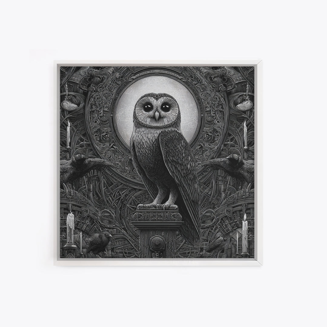 The Owl-Faced Omen, Biomechanical Horror Art, Square Wall Art, Gothic Horror Wall Art, Canvas Print, Halloween Wall Art, Statement Wall Art