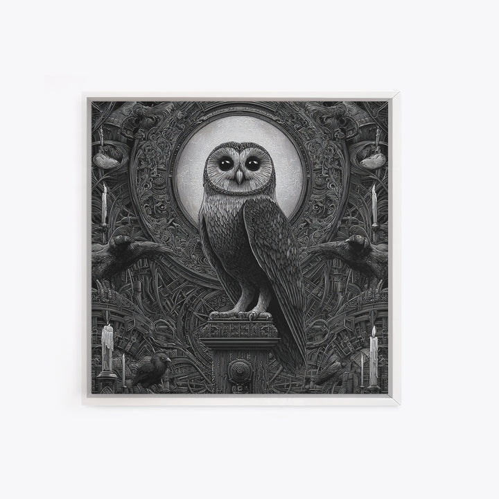 The Owl-Faced Omen, Biomechanical Horror Art, Square Wall Art, Gothic Horror Wall Art, Canvas Print, Halloween Wall Art, Statement Wall Art