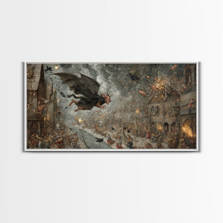 The Bat-Winged Imp, Northern Renaissance Horror, Wide Panoramic Art, Macabre Wall Art, Framed Canvas Print, Halloween Wall Art
