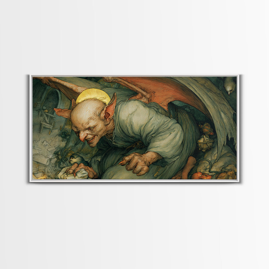 The Bat-Winged Imp, Dark Renaissance Art, Wide Panoramic Art, Macabre Wall Art, Canvas Print, Halloween Wall Art