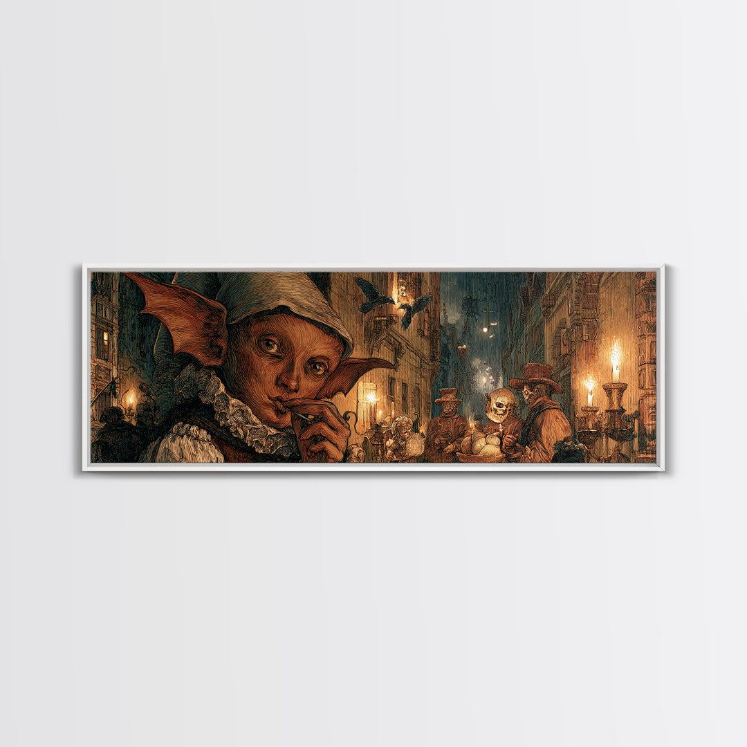 The Bat-Winged Imp, Danse Macabre Art, Extra Wide Wall Art, Macabre Wall Art, Canvas Print, Halloween Wall Art