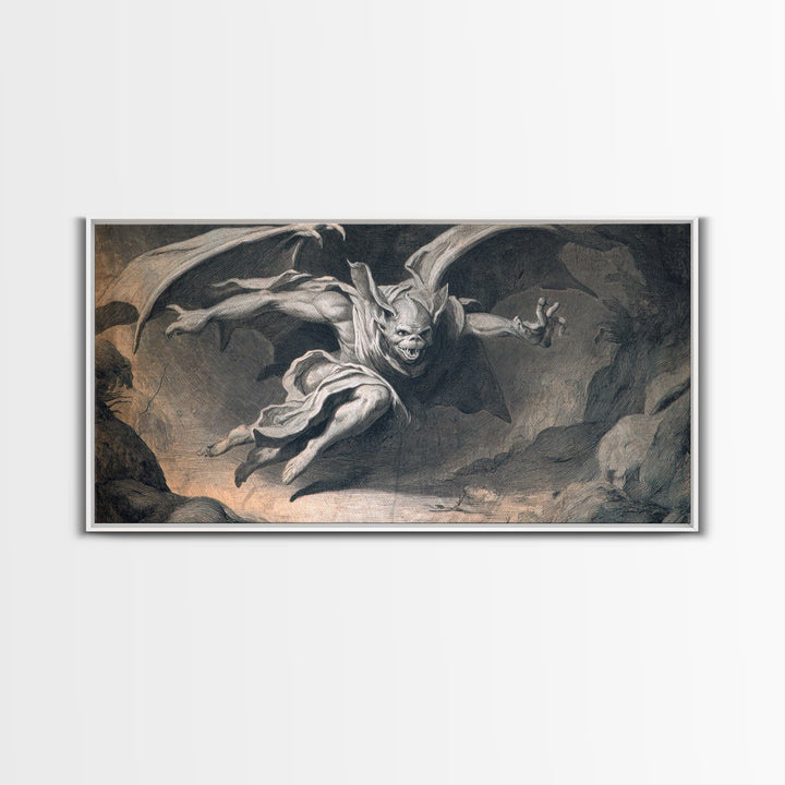 The Bat-Winged Imp, Gothic Nightmare Art, Wide Panoramic Art, Macabre Wall Art, Framed Canvas Print, Halloween Wall Art