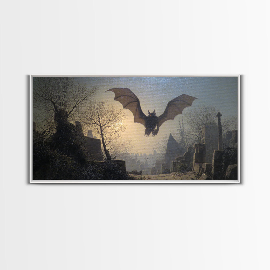 The Bat-Winged Imp, Romantic Gothic Landscape, Wide Panoramic Art, Dark Fantasy Wall Art, Canvas Print, Halloween Wall Art