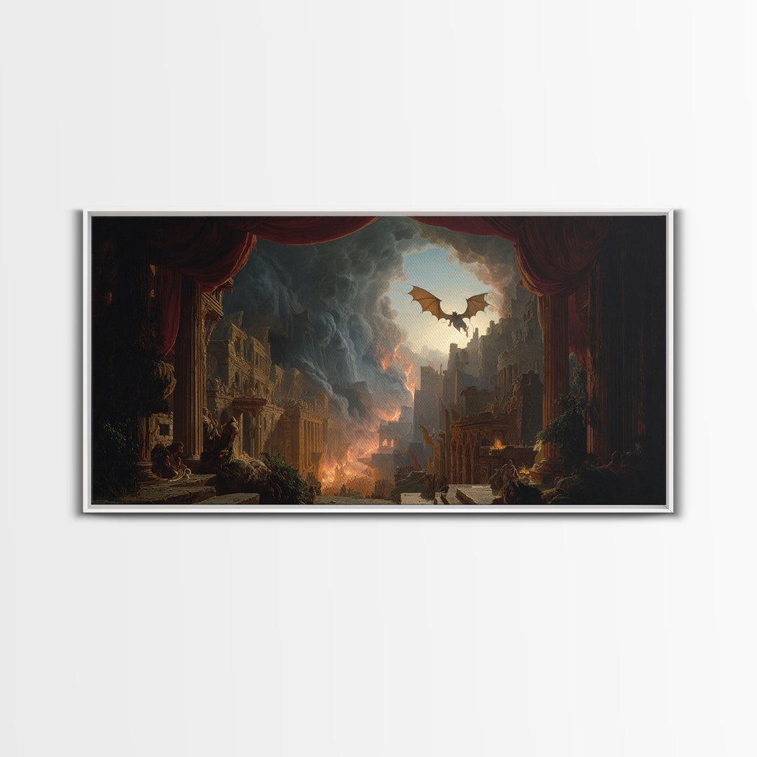 The Bat-Winged Imp, Apocalyptic Romantic Art, Wide Panoramic Art, Gothic Horror Wall Art, Framed Canvas Print, Halloween Wall Art