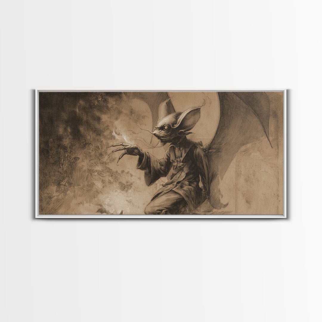 The Bat-Winged Imp, Symbolist Dream Art, Wide Panoramic Art, Dark Halloween Decor, Canvas Print, Halloween Wall Art