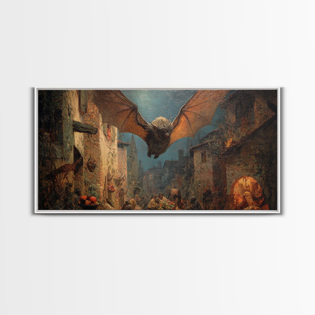 The Bat-Winged Imp, Ornate Symbolist Art, Wide Panoramic Art, Macabre Wall Art, Framed Canvas Print, Halloween Wall Art