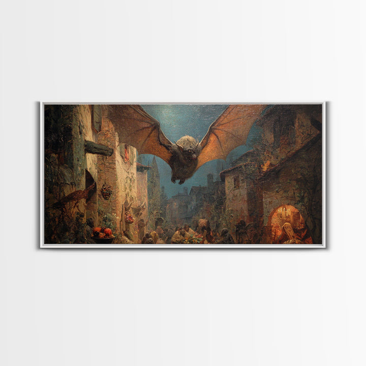 The Bat-Winged Imp, Ornate Symbolist Art, Wide Panoramic Art, Macabre Wall Art, Framed Canvas Print, Halloween Wall Art