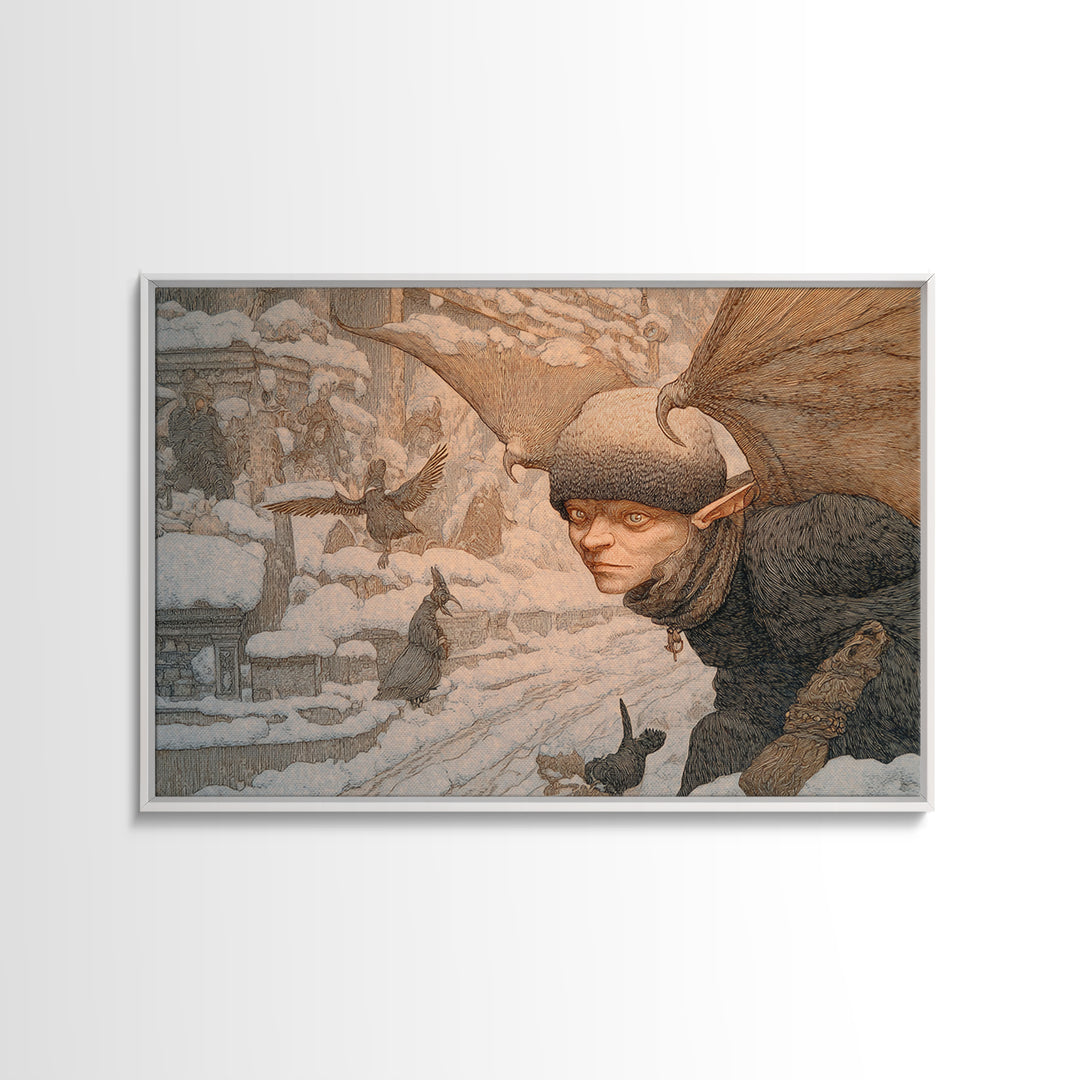 The Bat-Winged Imp, Symbolist Death Art, Landscape Wall Art, Dark Halloween Decor, Framed Canvas Print, Halloween Wall Art