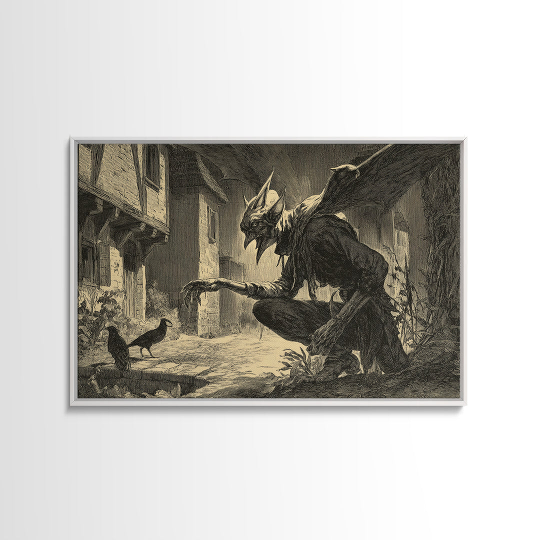 The Bat-Winged Imp, Symbolist Etching Art, Landscape Wall Art, Macabre Wall Art, Framed Canvas Print, Halloween Wall Art