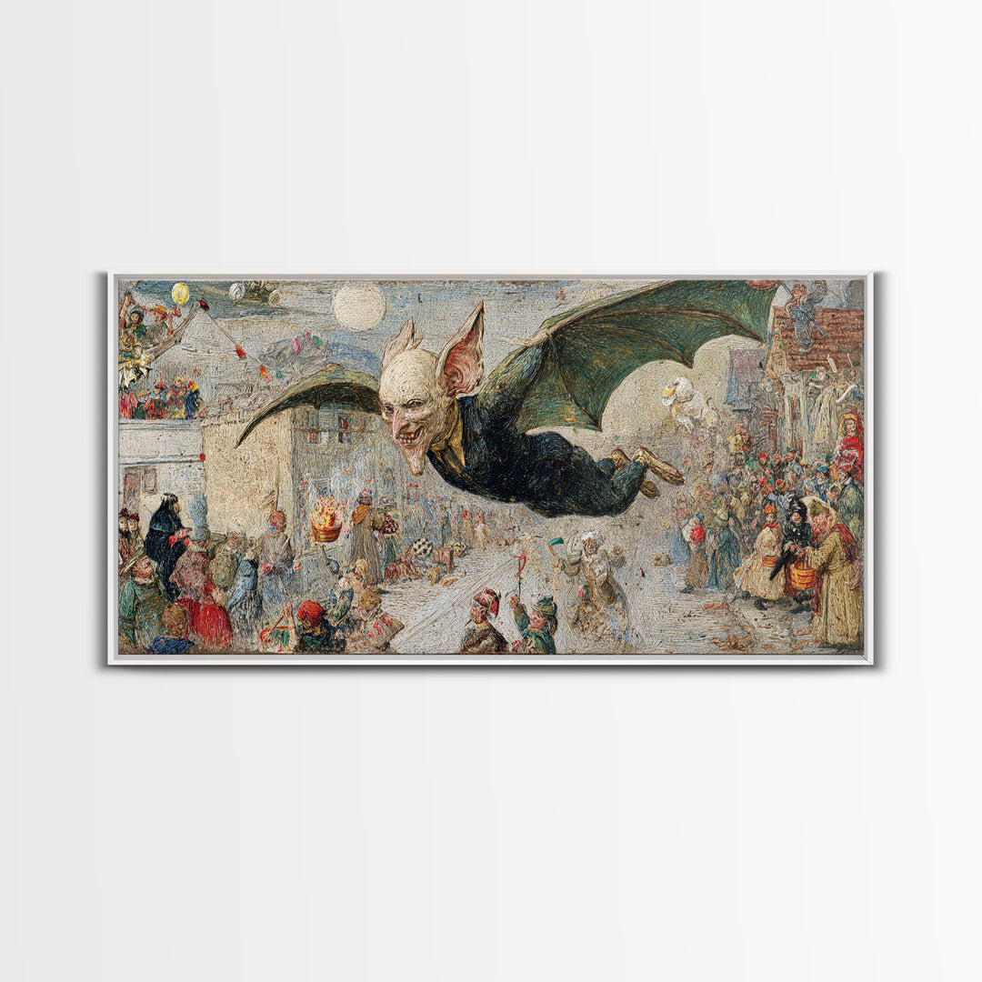 The Bat-Winged Imp, Grotesque Carnival Art, Wide Panoramic Art, Macabre Wall Art, Framed Canvas Print, Halloween Wall Art, Halloween Decor
