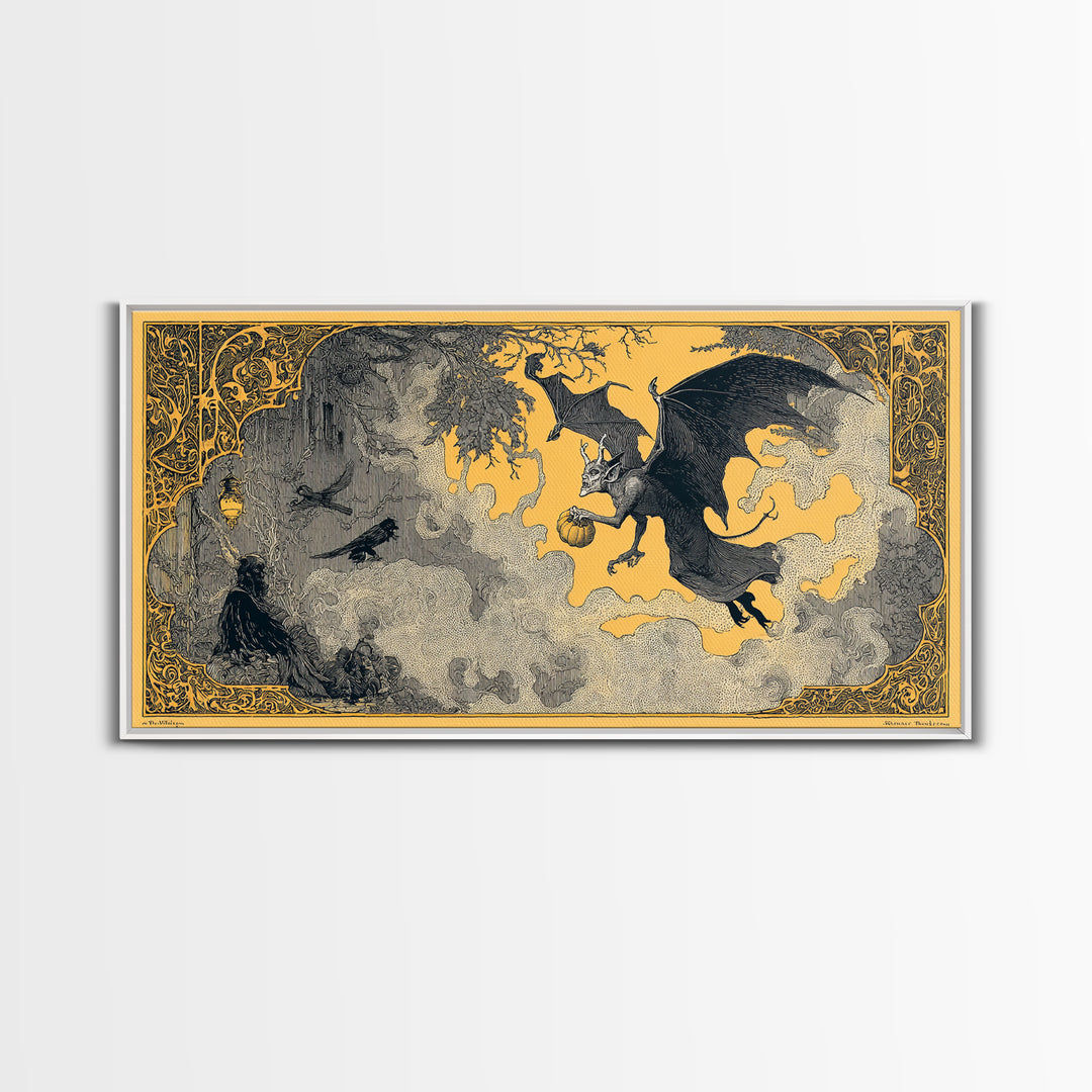 The Bat-Winged Imp, Decadent Line Art, Wide Panoramic Art, Macabre Wall Art, Framed Canvas Print, Halloween Wall Art