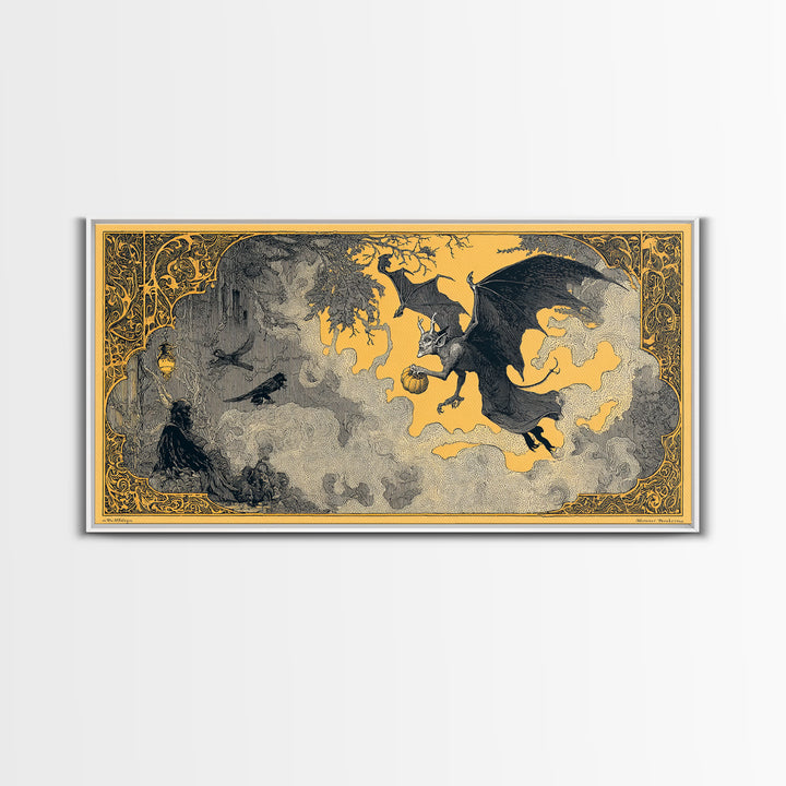 The Bat-Winged Imp, Decadent Line Art, Wide Panoramic Art, Macabre Wall Art, Framed Canvas Print, Halloween Wall Art