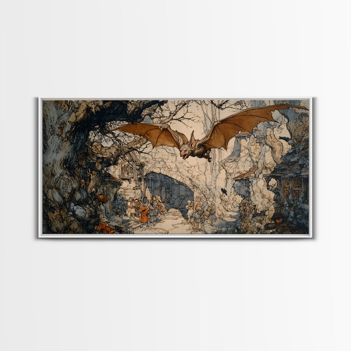 The Bat-Winged Imp, Gothic Storybook Art, Wide Panoramic Art, Dark Fantasy Wall Art, Framed Canvas Print, Halloween Wall Art