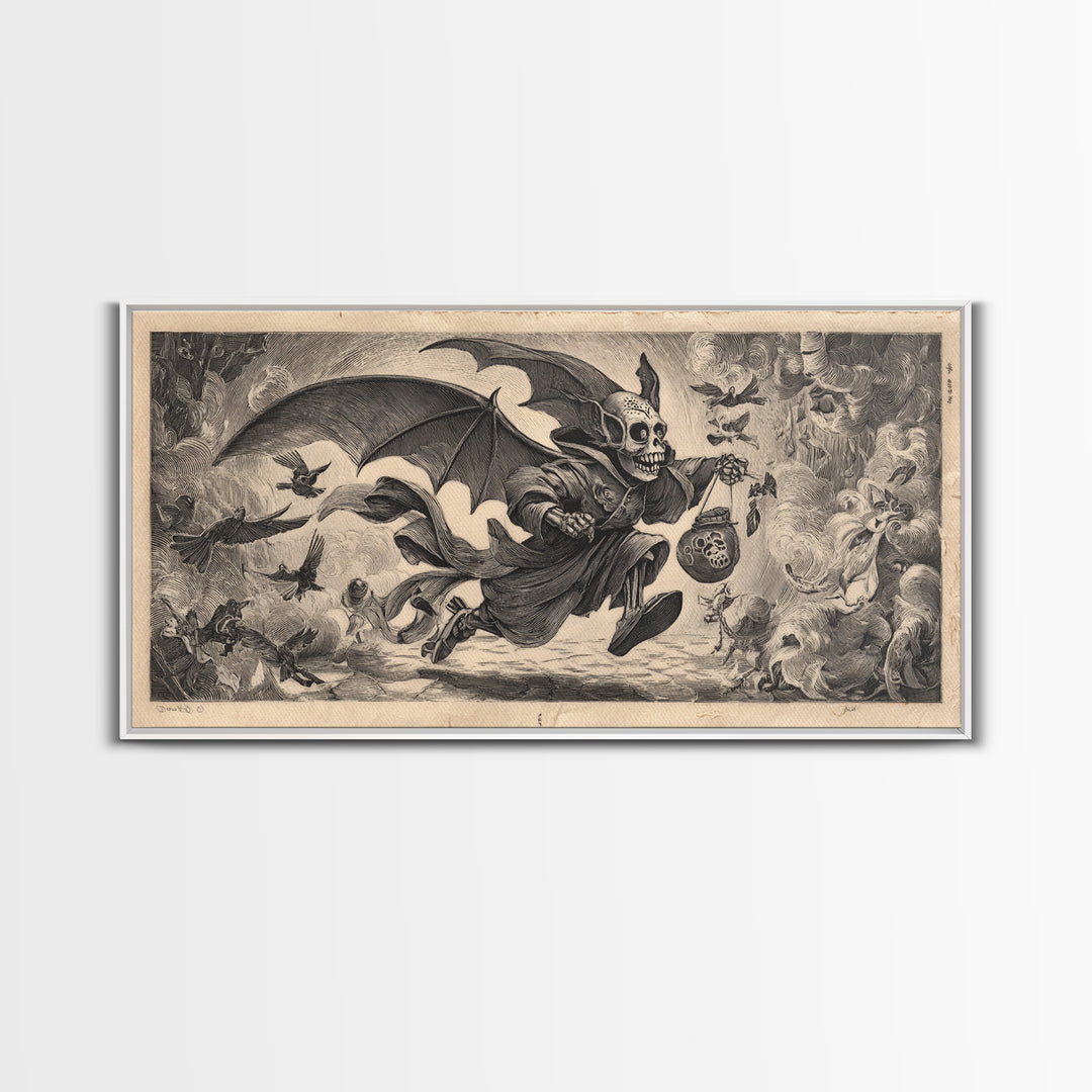 The Bat-Winged Imp, Macabre Folk Print Art, Wide Panoramic Art, Dark Halloween Decor, Framed Canvas Print, Halloween Wall Art