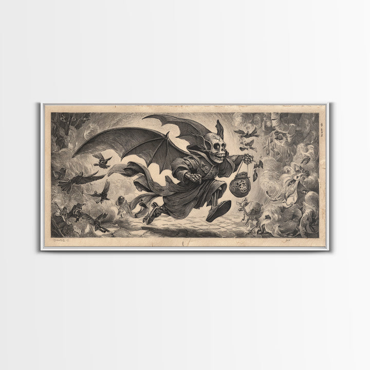 The Bat-Winged Imp, Macabre Folk Print Art, Wide Panoramic Art, Dark Halloween Decor, Framed Canvas Print, Halloween Wall Art