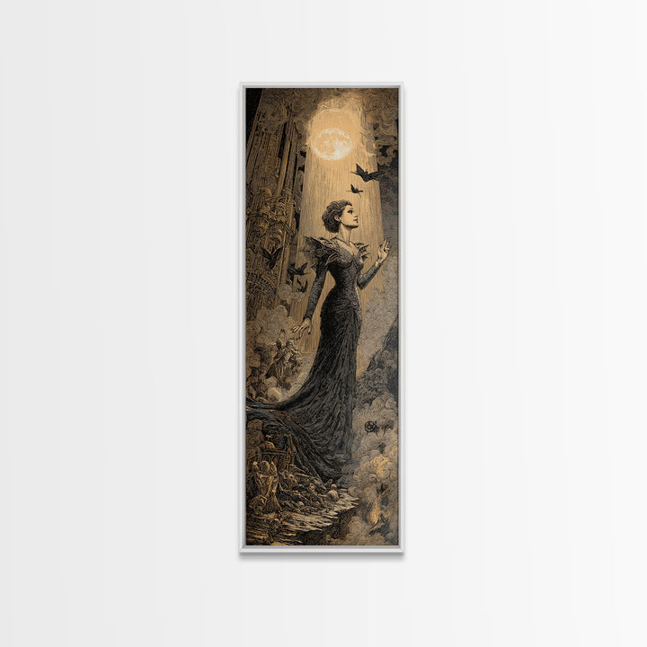 The Spider Queen, Gothic Engraving Art, Tall Narrow Wall Art, Dark Fantasy Wall Art, Framed Canvas Print, Halloween Wall Art