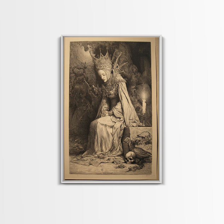 The Spider Queen, Renaissance Engraving Art, Vertical Wall Art, Dark Halloween Decor, Framed Canvas Print, Halloween Wall Art