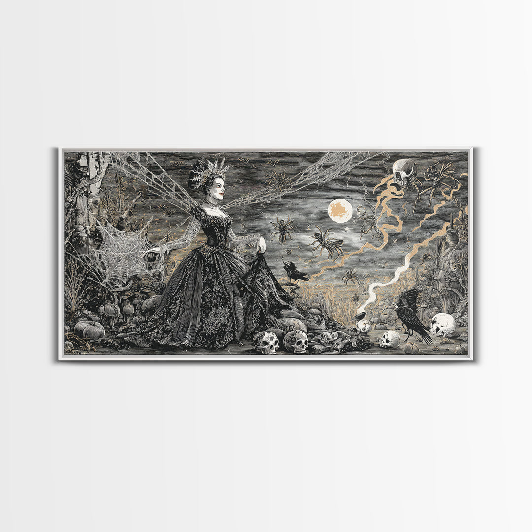 The Spider Queen, Macabre Folk Print Art, Wide Panoramic Art, Dark Halloween Decor, Canvas Print, Halloween Wall Art